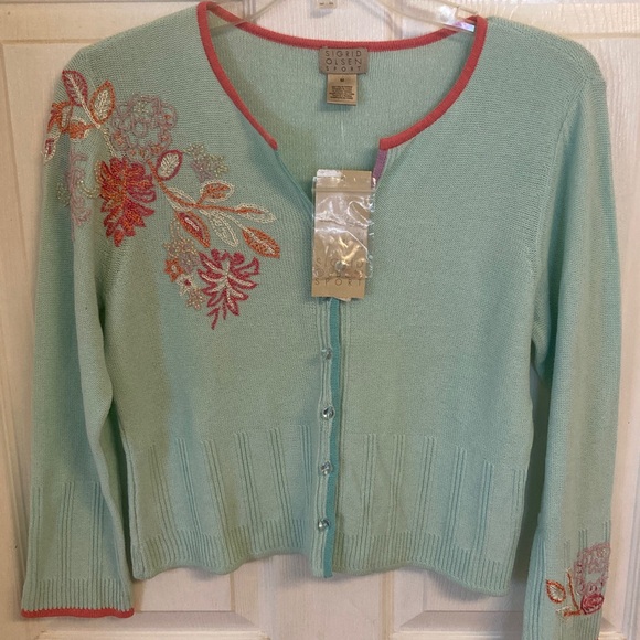 Sigrid Olsen Sweaters - Sigrid Olsen Light Green Floral Embroidered Cardigan